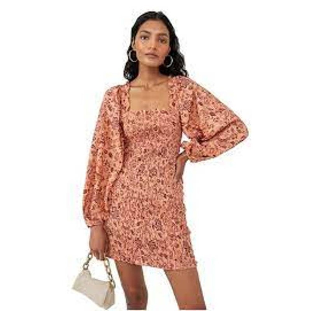 Free People Smock It to Me Long Blouson Sleeves Boho Floral Minidress Size S New